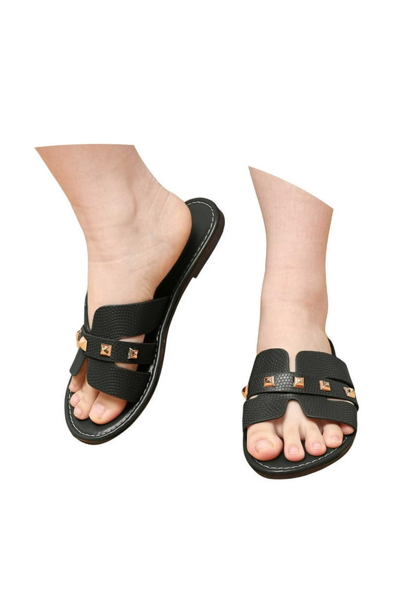 IUJOSY Flat Sandals for Women 2025 Comfortable Open Toe Studded PU Leather Slip on Slide Shoes