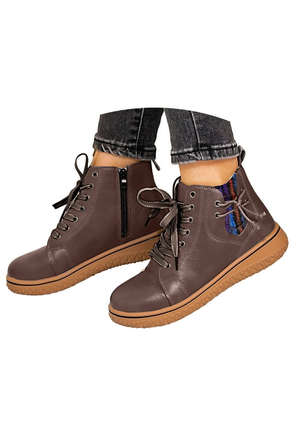 Ankle Boots for Women Casual Round Toe Lace up Booties Anti-Slip Flats Shoes with Zipper