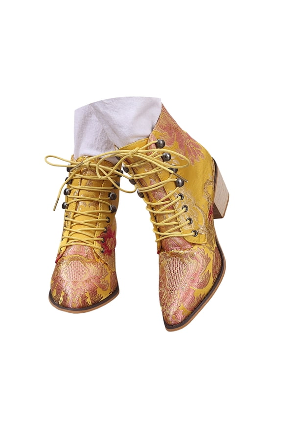 Ankle Boots for Women Elegant Floral Embroidery Chunky Heel Lace up Dress Short Booties