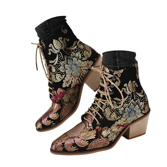 IUJSOY Ankle Boots for Women Elegant Floral Embroidery Chunky Heel Lace up Dress Short Booties