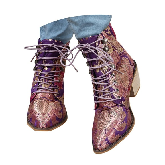IUJSOY Ankle Boots for Women Elegant Floral Embroidery Chunky Heel Lace up Dress Short Booties