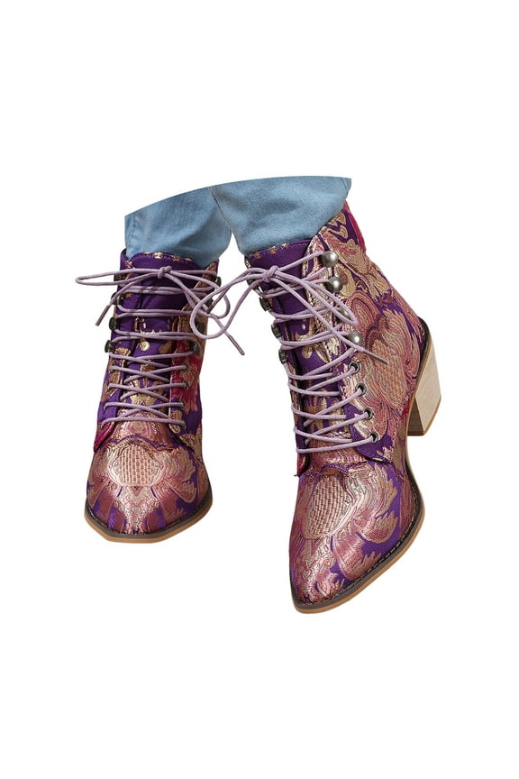 Ankle Boots for Women Elegant Floral Embroidery Chunky Heel Lace up Dress Short Booties