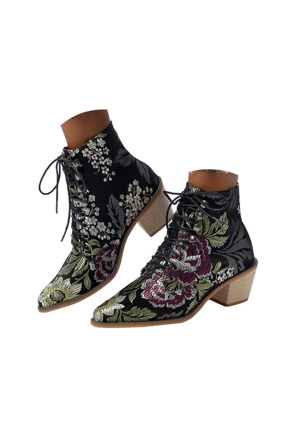 Ankle Boots for Women Elegant Floral Embroidery Chunky Heel Lace up Dress Short Booties
