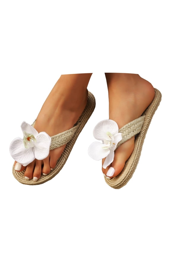 Beach Shoes Women Flip Flops Straw Flower Thong Sandals Dressy Summer Shoes Casual Flats