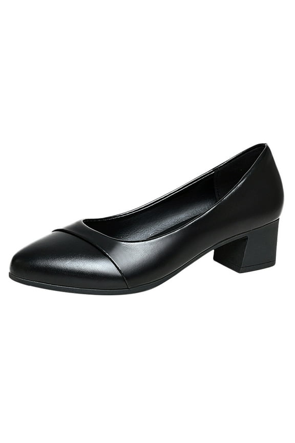 Black Low Heels for Women Block Pumps Elegant Round Toe Slip on Office Work Dress Shoe
