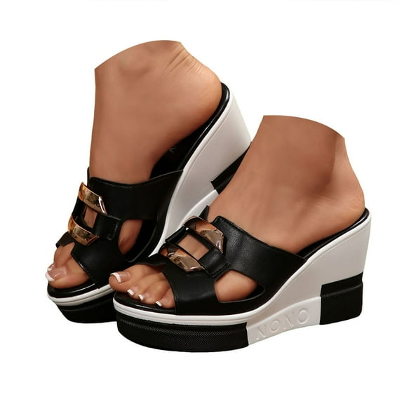 IUJSOY Black White Sandals Women Platform Wedges Slip on Slides Sandals Fashion Dress Shoes
