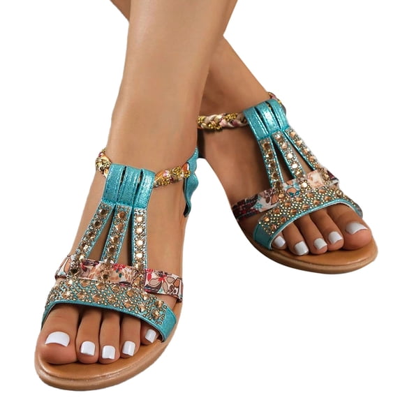 IUJSOY Bohemian Wedge Sandals for Women 2025 Elegant Rhinestone Open Toe Heels Slingback Sandals