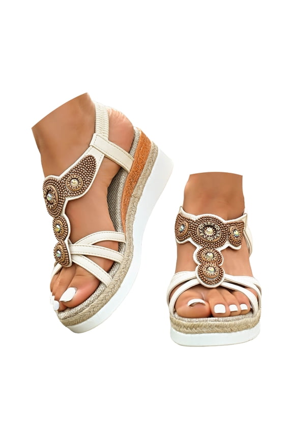 Boho Espadrilles for Women Open Toe Wedge Sandals Rhinestone Beaded Slingback Sandals