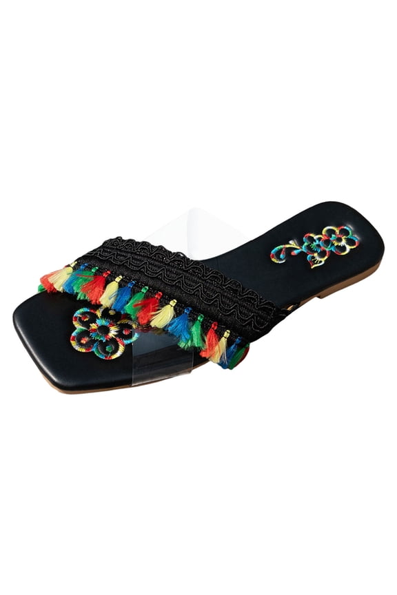 Boho Tassel Flats Sandal for Women Floral Embroidered Fringe Knot Square Toe Slip on Slides