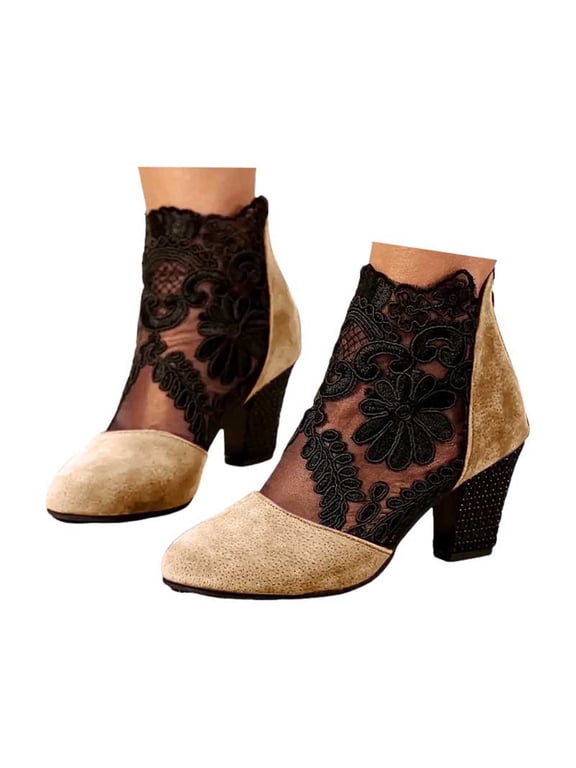 Boot Heels for Women Flower Lace Mesh Heels with Back Zipper Summer Dress Shoes