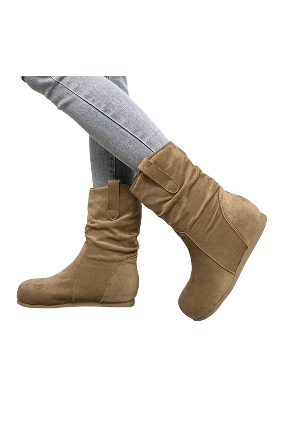 Boots for Women Suede Round Toe Flat Short Booties Casual Pull on Western Mid Calf Boots