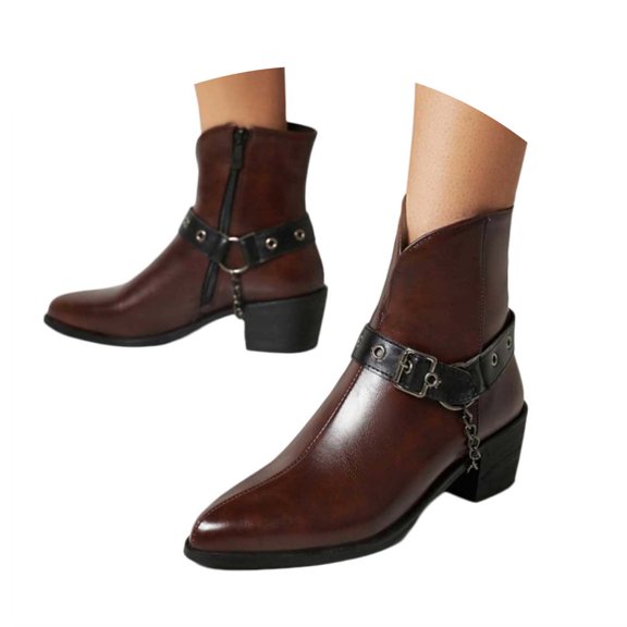 IUJSOY Chelsea Boots Women Trendy Buckle Strap Metal Chain Motorcycle Riding Boots Zipper Booties