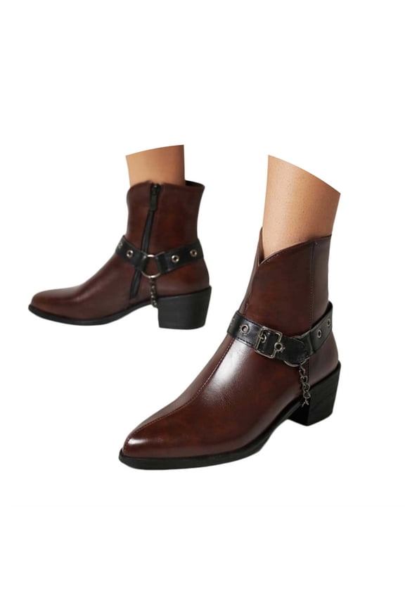 Mostsola Chelsea Boots Women Trendy Buckle Strap Metal Chain Motorcycle Riding Boots Zipper Booties