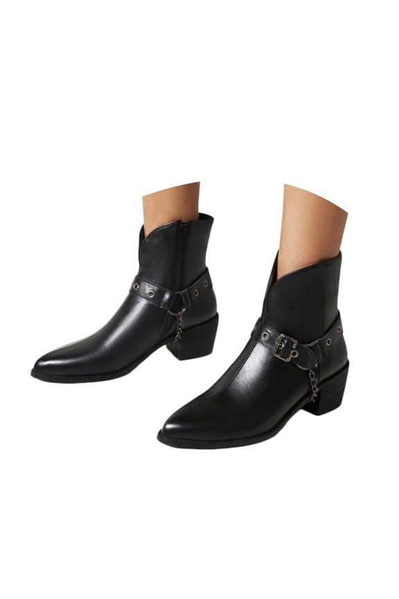 Chelsea Boots Women Trendy Buckle Strap Metal Chain Motorcycle Riding Boots Zipper Booties