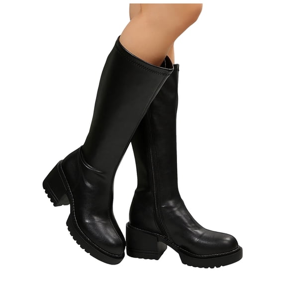 IUJSOY Chunky Heel Knee High Boots Women Round Toe Gogo Boots Fashion Zipper Mid Calf Boots