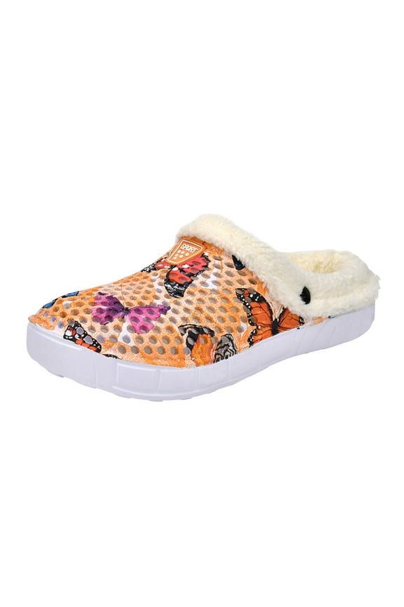 Clogs Fuzzy Slippers for Women Trendy Butterfly Print Winter Warm Slip on Shoes Cozy Slides