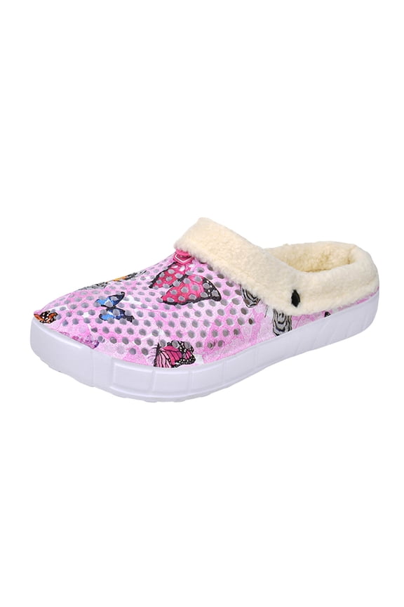 Clogs Fuzzy Slippers for Women Trendy Butterfly Print Winter Warm Slip on Shoes Cozy Slides