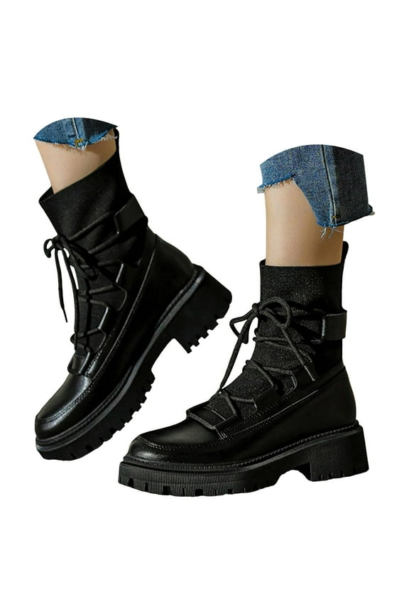 Combat Boots Womens Lace up Platform Ankle Boots with Lug Sole Elastic Knit Mid Calf Booties