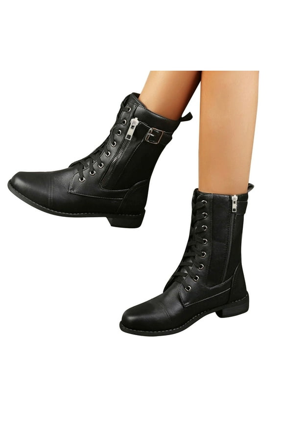 Combat Boots Womens Zip up Wallet Pocket Mid Calf Lace up Motorcycle Boots Low Heel Booties