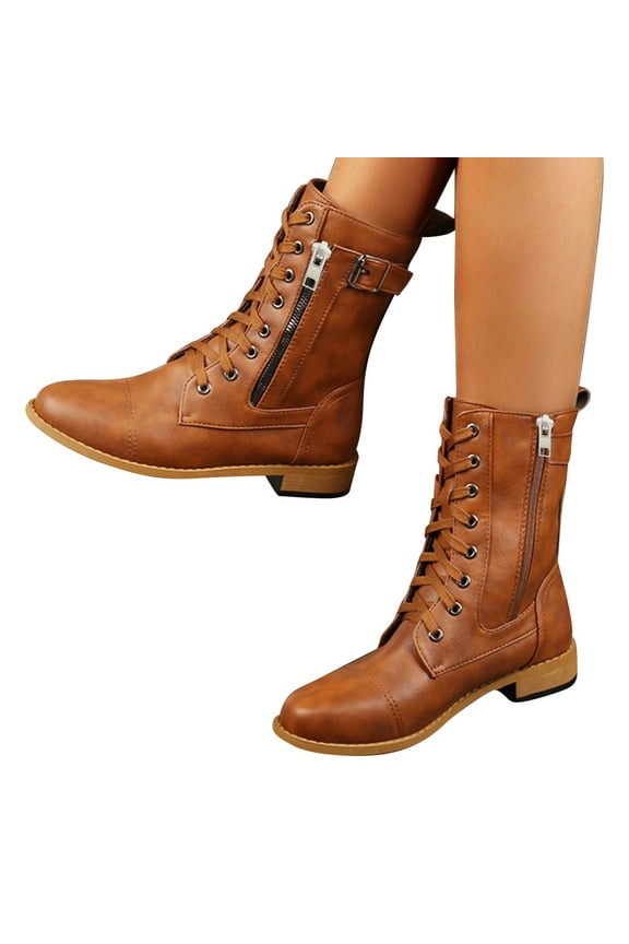 Combat Boots Womens Zip up Wallet Pocket Mid Calf Lace up Motorcycle Boots Low Heel Booties