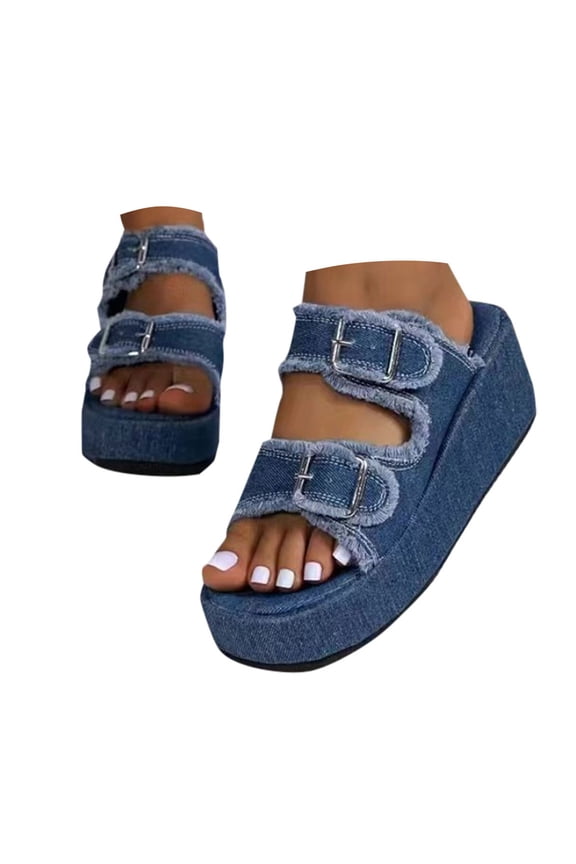 Comfortable Platform Wedges Fashion Denim Sandals Double Strap Slip on Slides Shoes