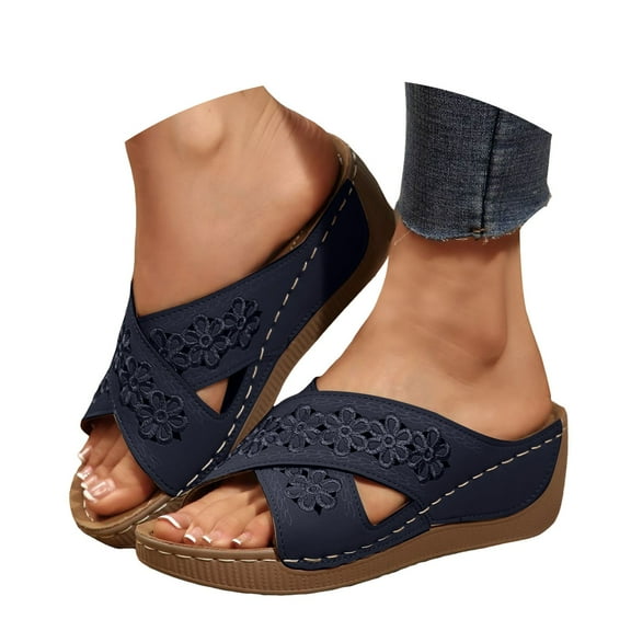 IUJSOY Comfortable Wedge Sandals for Women Bohemian Flower Slip on Platform Orthotic Slides