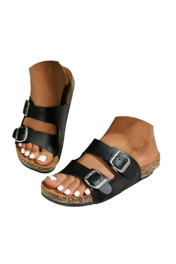 Cork Footbed Slide Sandals for Women Adjustable Retro Summer Outdoor Beach Sandals Flats