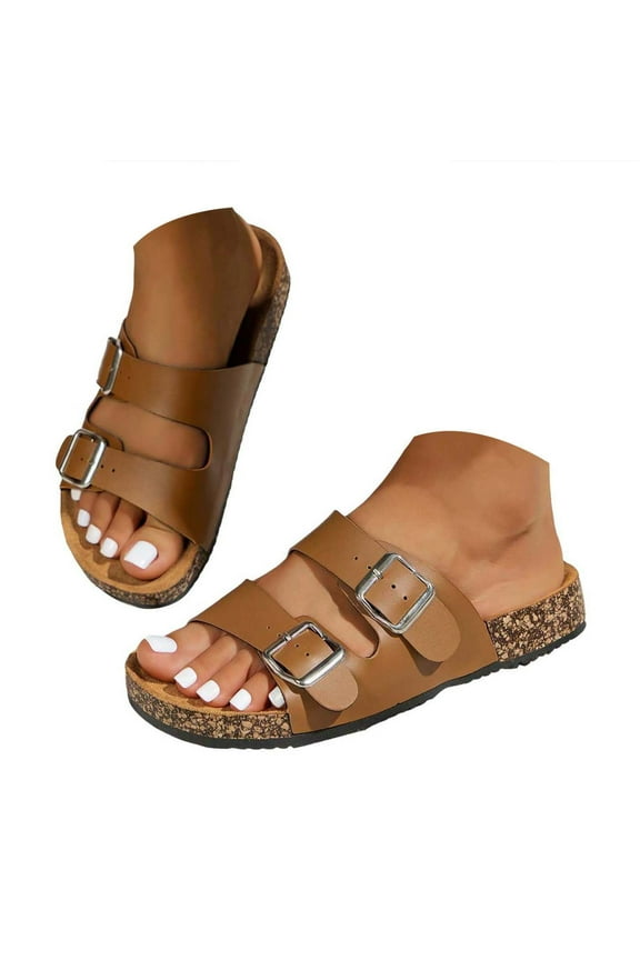 Cork Footbed Slide Sandals for Women Adjustable Retro Summer Outdoor Beach Sandals Flats