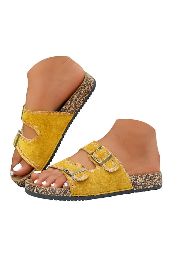 Cork Footbed Slide Sandals for Women Adjustable Retro Summer Outdoor Beach Sandals Flats