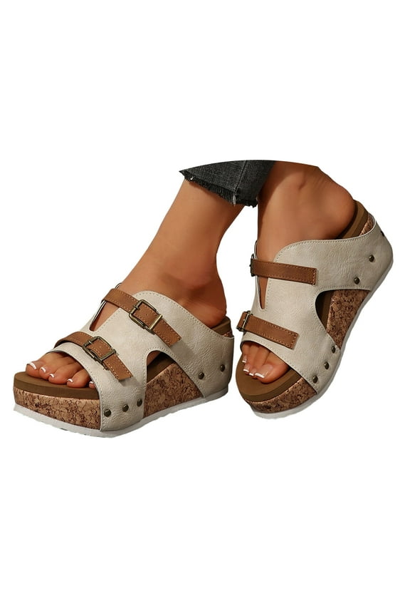 Cork Sandals for Women Platform Wedge Slides Comfortable Open Toe Soft Footbed Summer Shoes