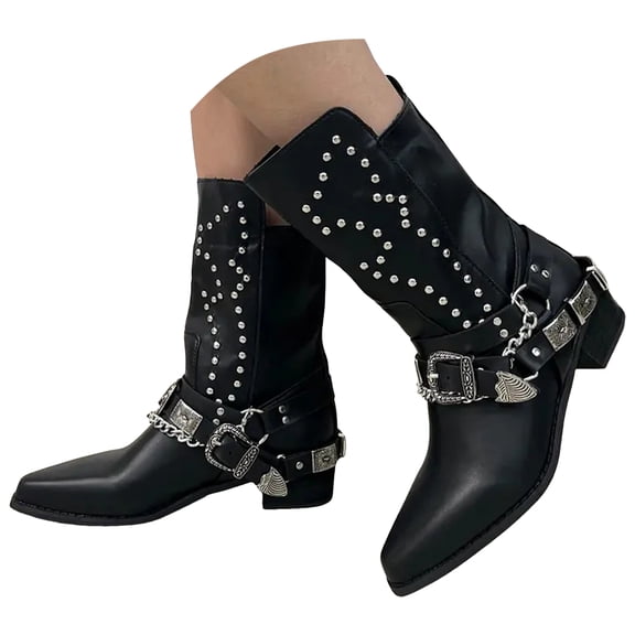 Mostsola Cowboy Boots for Women Black Rivet Studded Buckle Strap Western Gothic Punk Motorcycle Boots