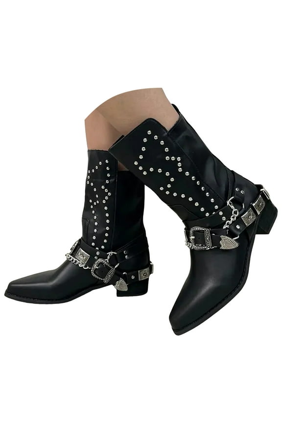 Cowboy Boots for Women Black Rivet Studded Buckle Strap Western Gothic Punk Motorcycle Boots