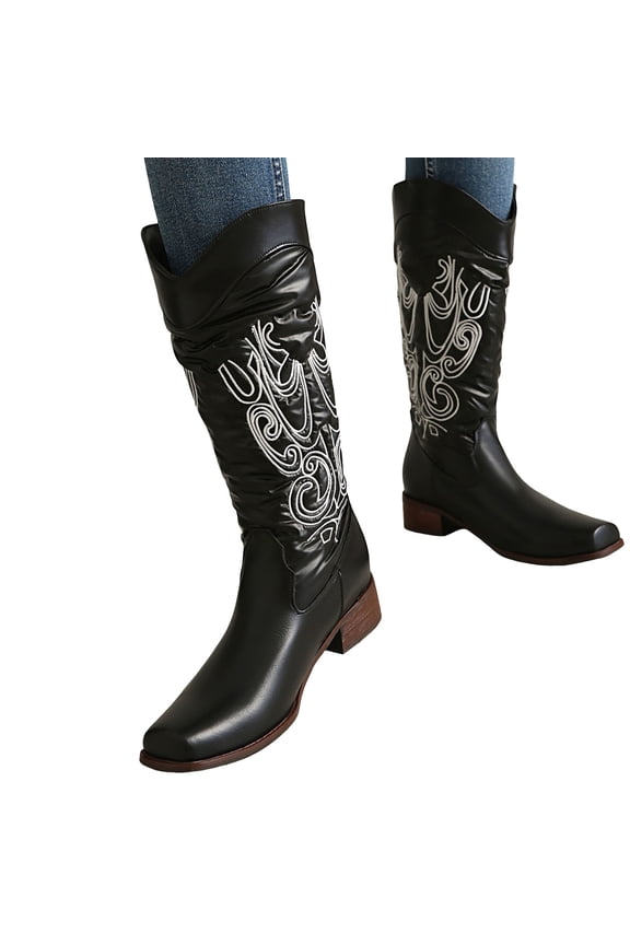 Cowboy Boots for Women Embroidery Western Fall Boots Square Toe Chunky Heel Mid Calf Boots