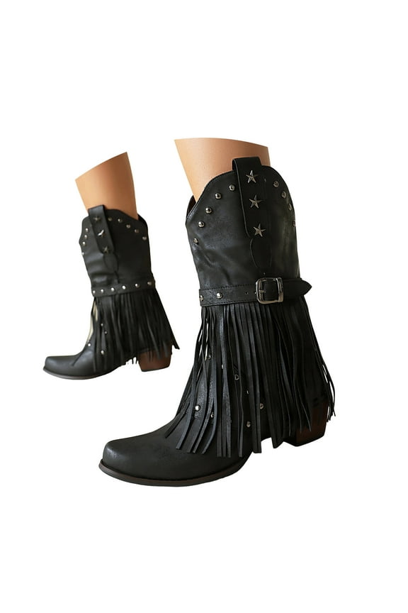 Cowboy Boots for Women Fashion Studded Buckle Strap Fringe Western Tall Booties Mid Calf Boot
