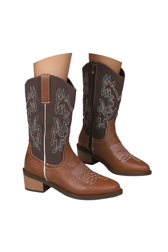 Cowboy Boots for Women Round Toe Embroidery Country Concert Dressy Zipper Mid Calf Boots