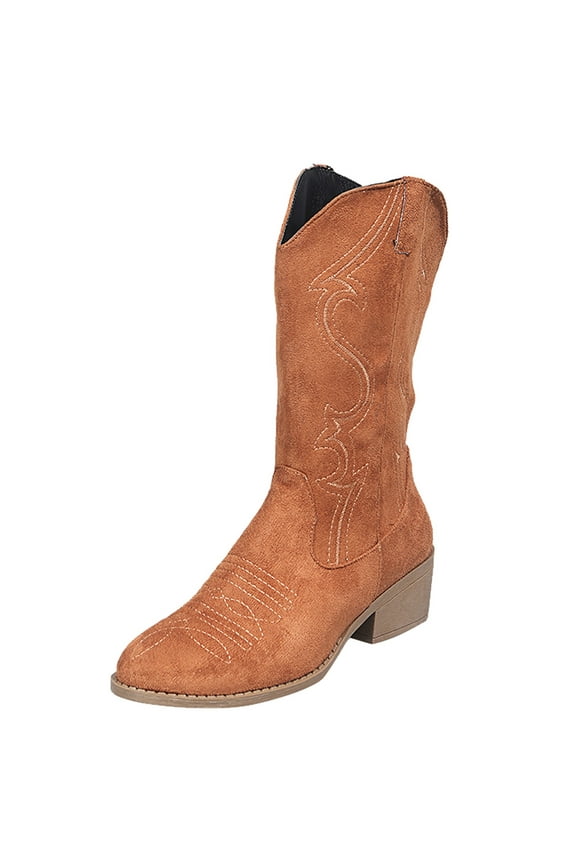 Cowboy Boots for Women Suede Embroidery Round Toe Chunky Heel Western Mid Calf Boots