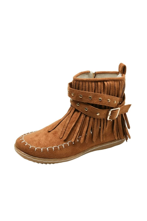 Cowboy Boots for Women Suede Fringe Ankle Booties Vintage Zipper Moccasins Flats Shoes