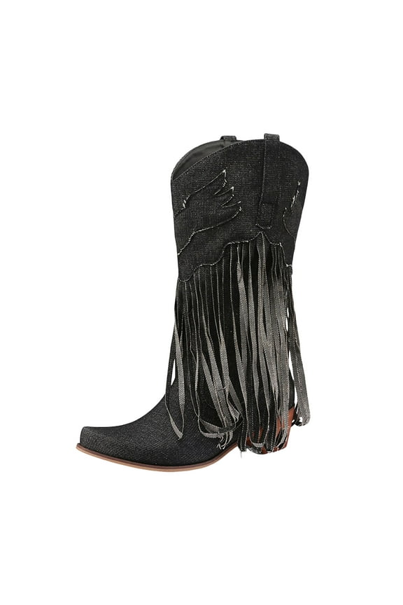Denim Cowboy Boots for Women Fashion Tassel Country Concert Western Boots Mid Calf Boots