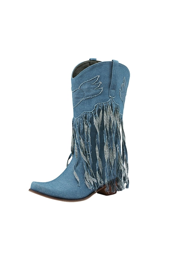 Denim Cowboy Boots for Women Fashion Tassel Country Concert Western Boots Mid Calf Boots