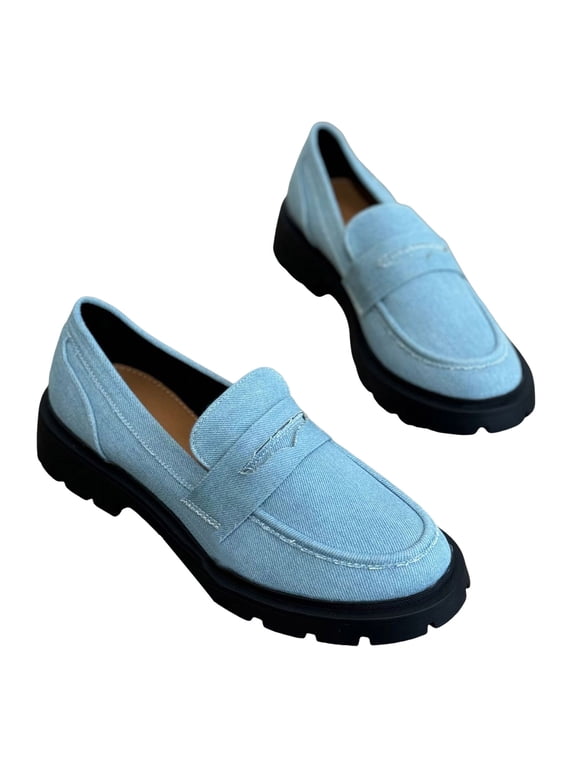 Denim Loafers for Women Platform Lug Sole Low Heel Business Casual Shoes Slip on Work Flats