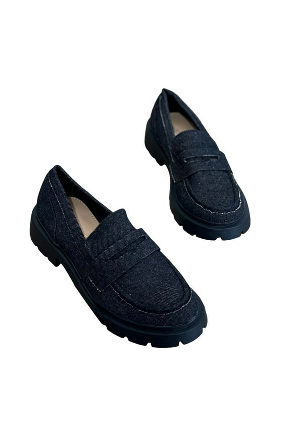Denim Loafers for Women Platform Lug Sole Low Heel Business Casual Shoes Slip on Work Flats