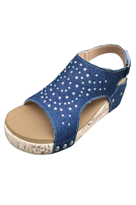 Denim Platform Wedge Sandals for Women Comfortable Open Toe Cork Footbed Dressy Summer Shoes