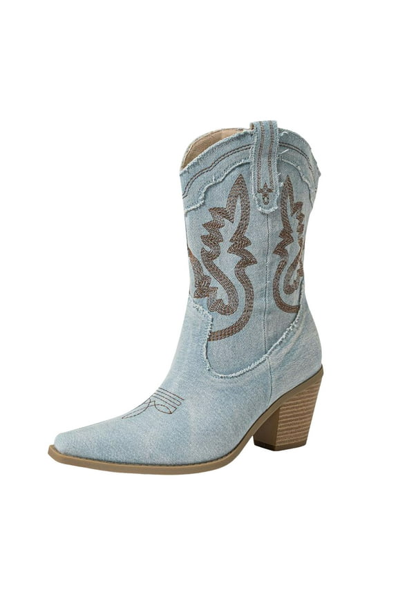 Embroidered Western Cowboy Boots for Women Mid Calf Chunky Heel Pull on Cowgirl Boots