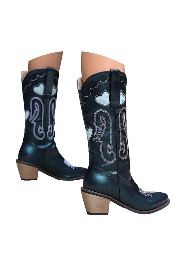Embroidery Cowboy Boots for Women Pointy Toe Western Mid Calf Boots Fashion 2025 Fall Boots