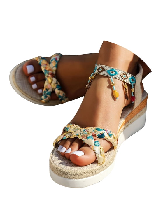 Mostsola Espadrilles for Women Bohemian Open Toe Braided Wedge Sandals Tassel Slingback Heels