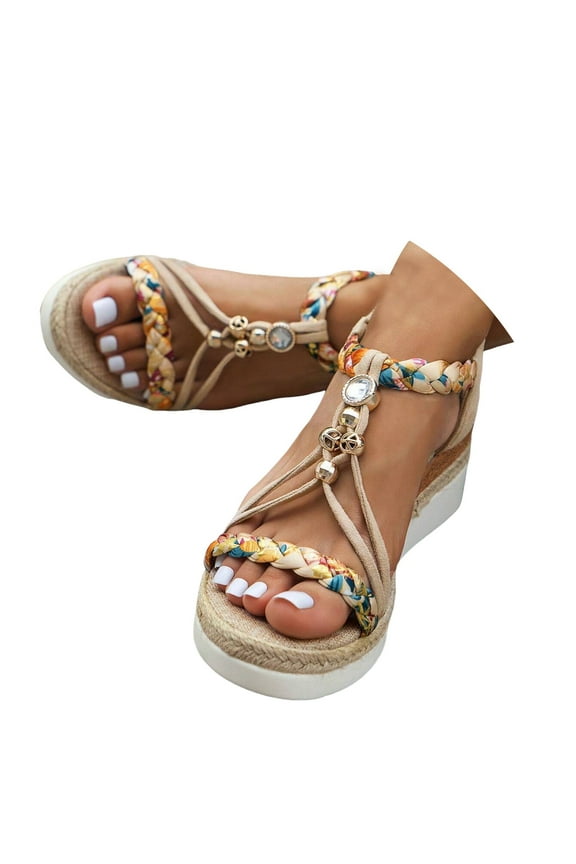 Espadrilles for Women Braided Boho Summer Dress Wedge Sandals Elastic Ankle Strap Low Heels