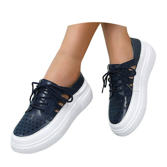 IUJSOY Fashion Sneakers for Women 2025 Soft PU Leather Lace up Hollow Out Low Top Walking Shoes