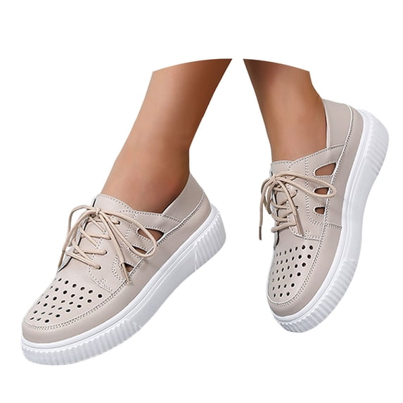 IUJSOY Fashion Sneakers for Women 2025 Soft PU Leather Lace up Hollow Out Low Top Walking Shoes