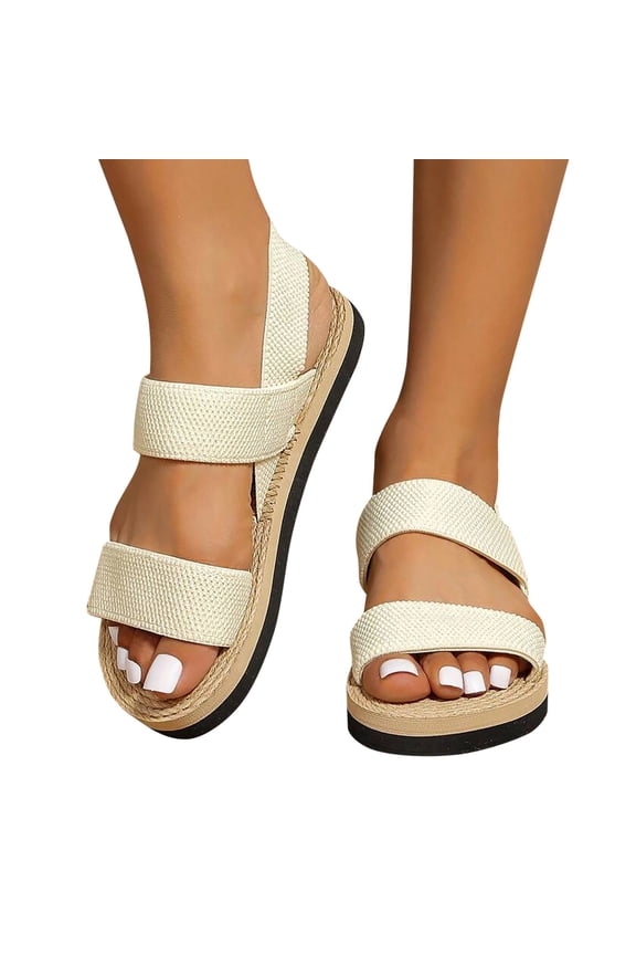 Flat Sandals for Women Straw Footbed Slip on Elastic Ankle Strap Open Toe Slingback Sandals