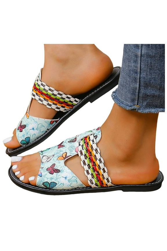 Flat Slides for Women Butterfly Print Braided Strap Sandals Fashion Summer Beach Shoes